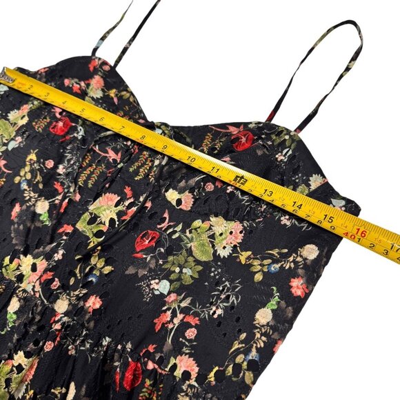 ALICE + OLIVIA Daisy Tiered Mini Dress Sz.10 Dark Floral Black Eyelet Tie-Front - Picture 7 of 16